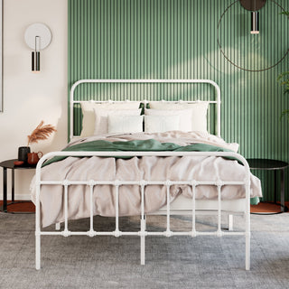 Platform Bed, King, White Metal Frame, Slat Headboard and Footboard