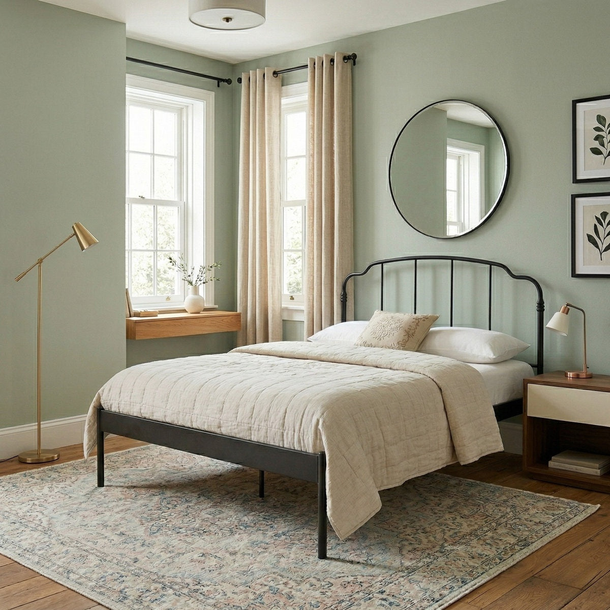 Platform Bed, King, Black Metal Frame, Slatted Headboard and Footboard