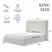 King measurements | Ivory canvas wingback bed with width, height and length callouts