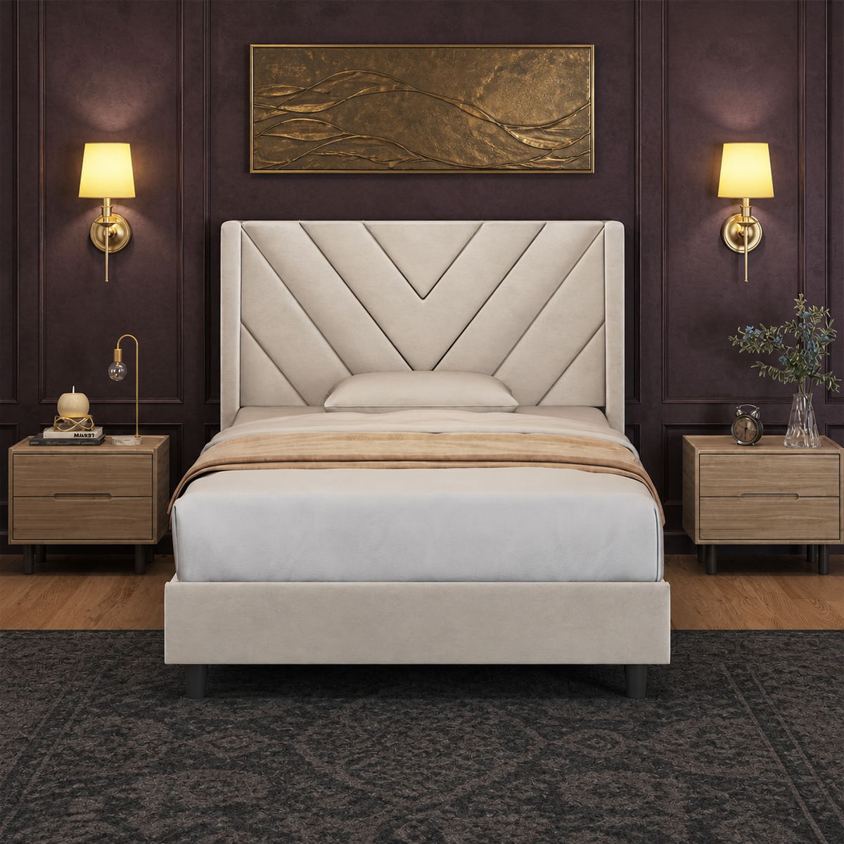 Aubergine bedroom | Beige velvet chevron-tufted wingback bed centered against dark plaster walls with brass relief art
