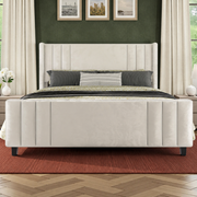 Forest green bedroom | Straight-on cream velvet channel bed with a rust rug and ivory curtains