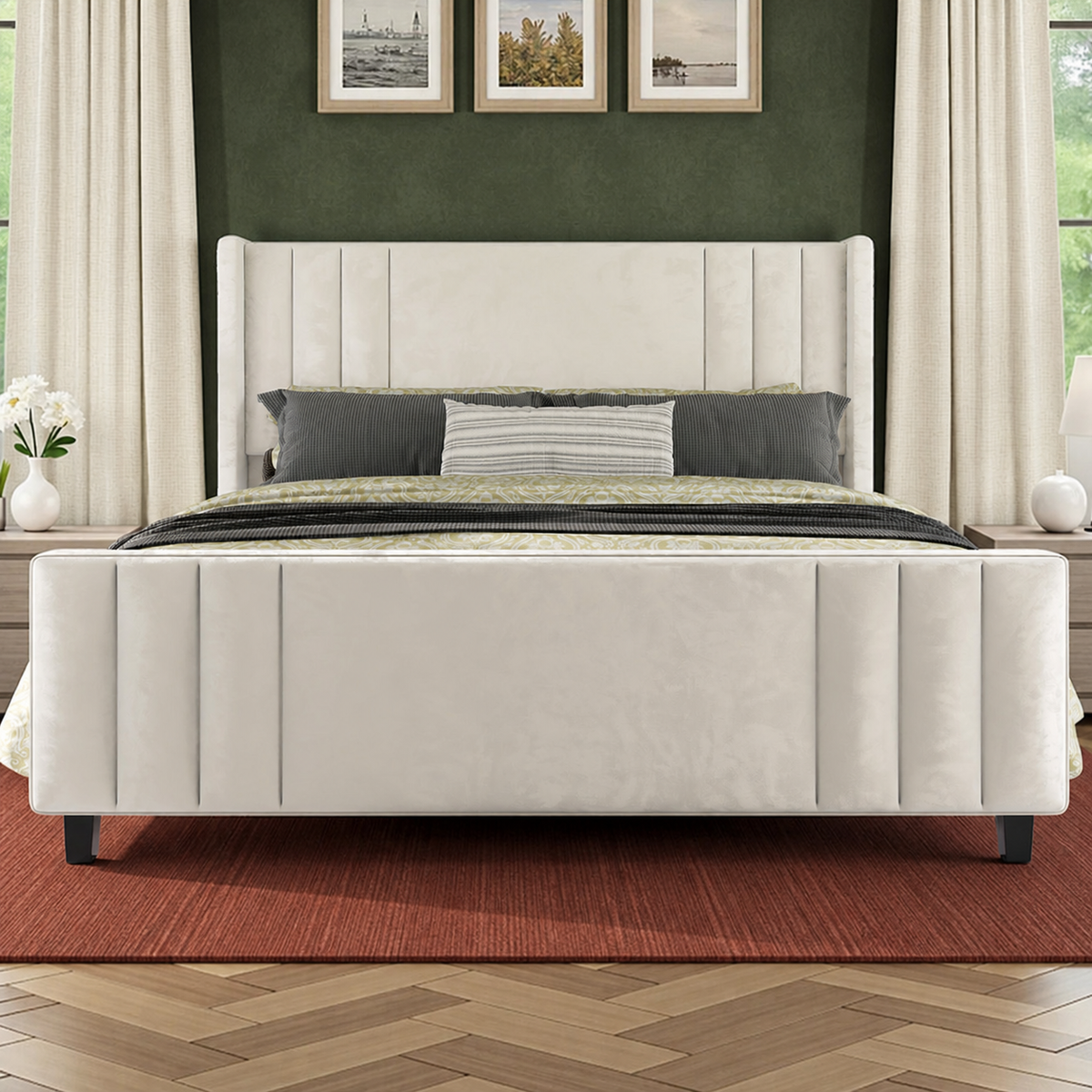 Forest green bedroom | Straight-on cream velvet channel bed with a rust rug and ivory curtains