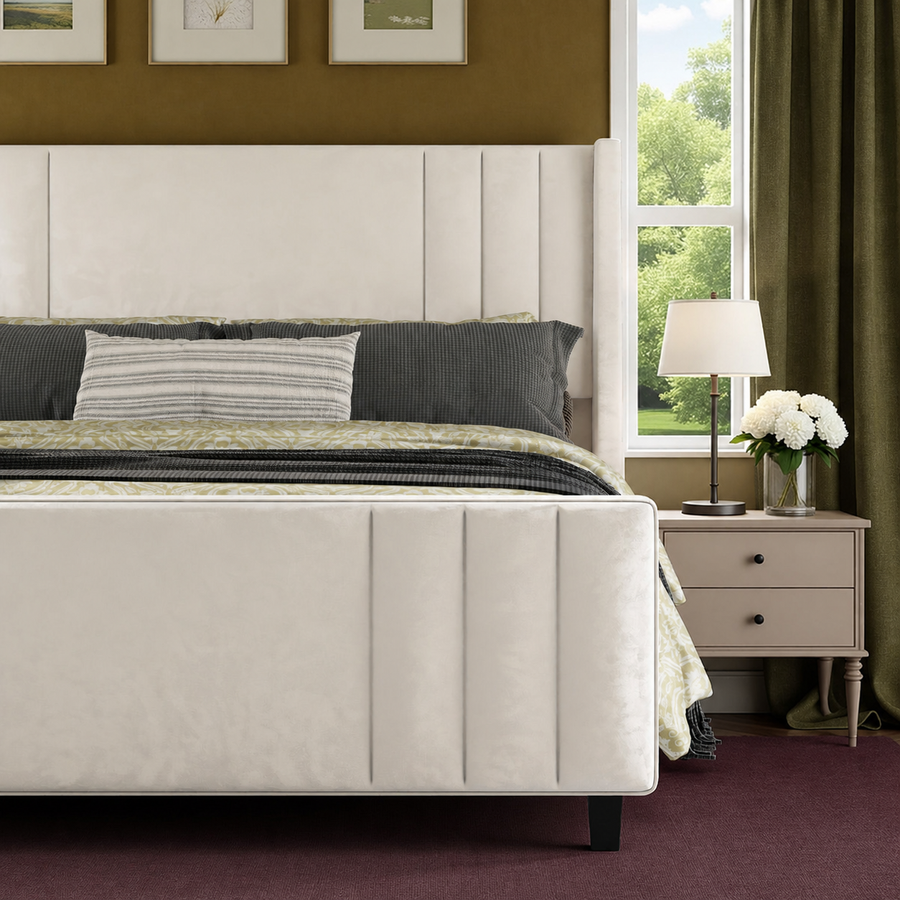 Ochre bedroom close-up | Cream velvet bed footboard and headboard with olive curtains and a plum rug
