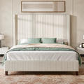 Warm oat bedroom | Cream vertical-channel corduroy wingback platform bed with mint bedding