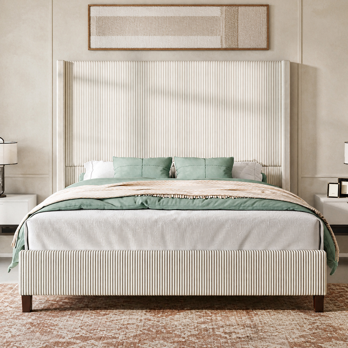 Warm oat bedroom | Cream vertical-channel corduroy wingback platform bed with mint bedding