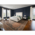 Midnight indigo bedroom | Cream vertical-channel corduroy wingback platform bed in a wide room