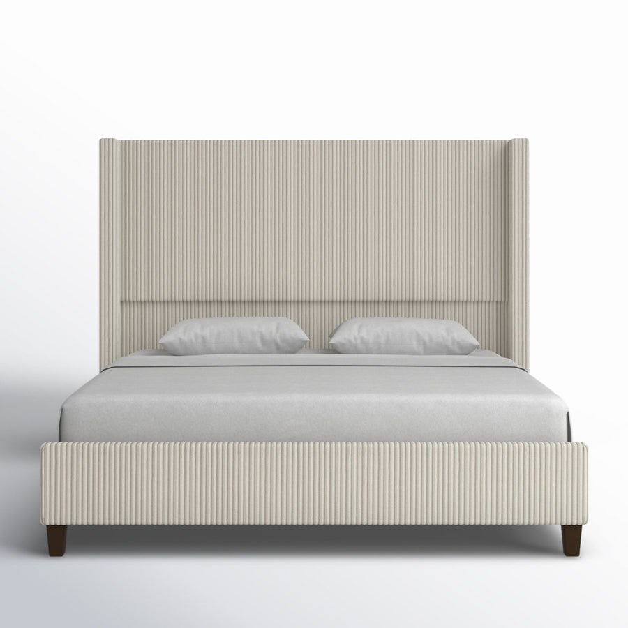 Studio front | Cream vertical-channel corduroy wingback platform bed
