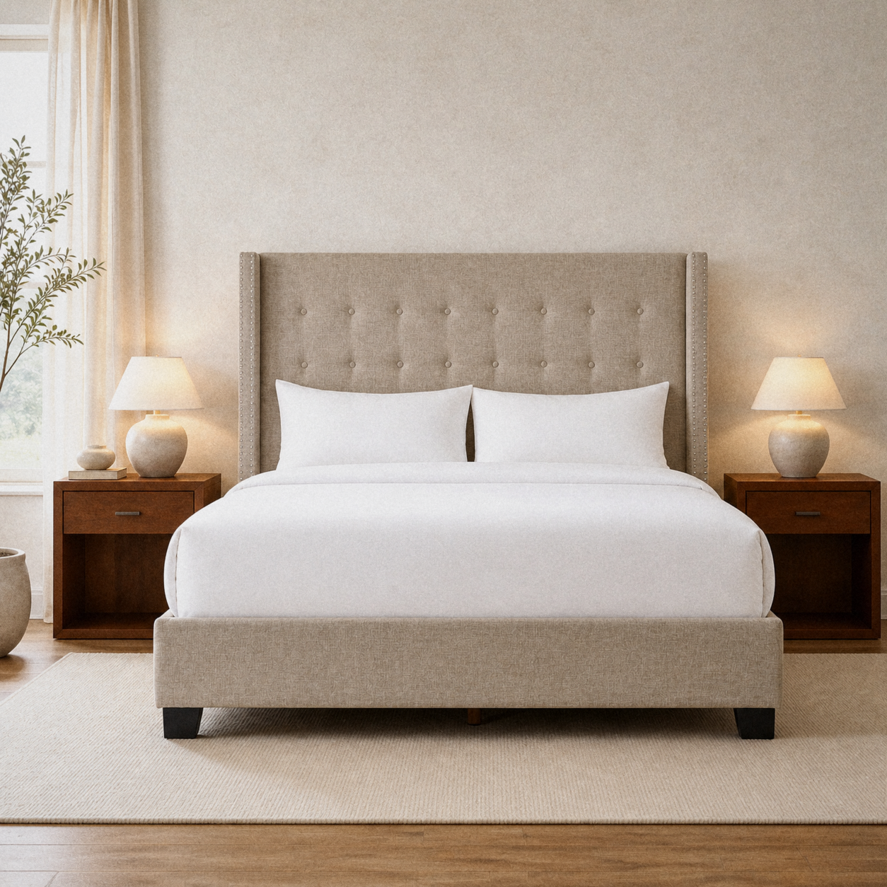 Warm bedroom | Beige linen wingback bed with button-tufted headboard and silver nailhead wings