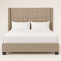 Studio front | Straight-on view of the complete beige linen wingback bed