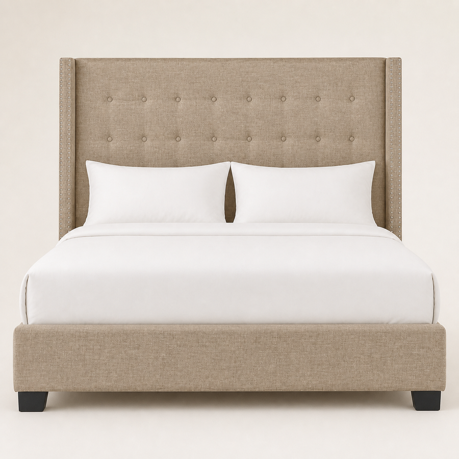 Studio front | Straight-on view of the complete beige linen wingback bed