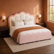 Clay corner | Three-quarter room view showing the velvet bed, illuminated headboard, and low storage drawers