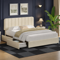 Midnight blue bedroom | Three-quarter view of Beige velvet drawer storage bed