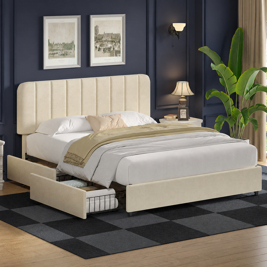 Midnight blue bedroom | Three-quarter view of Beige velvet drawer storage bed