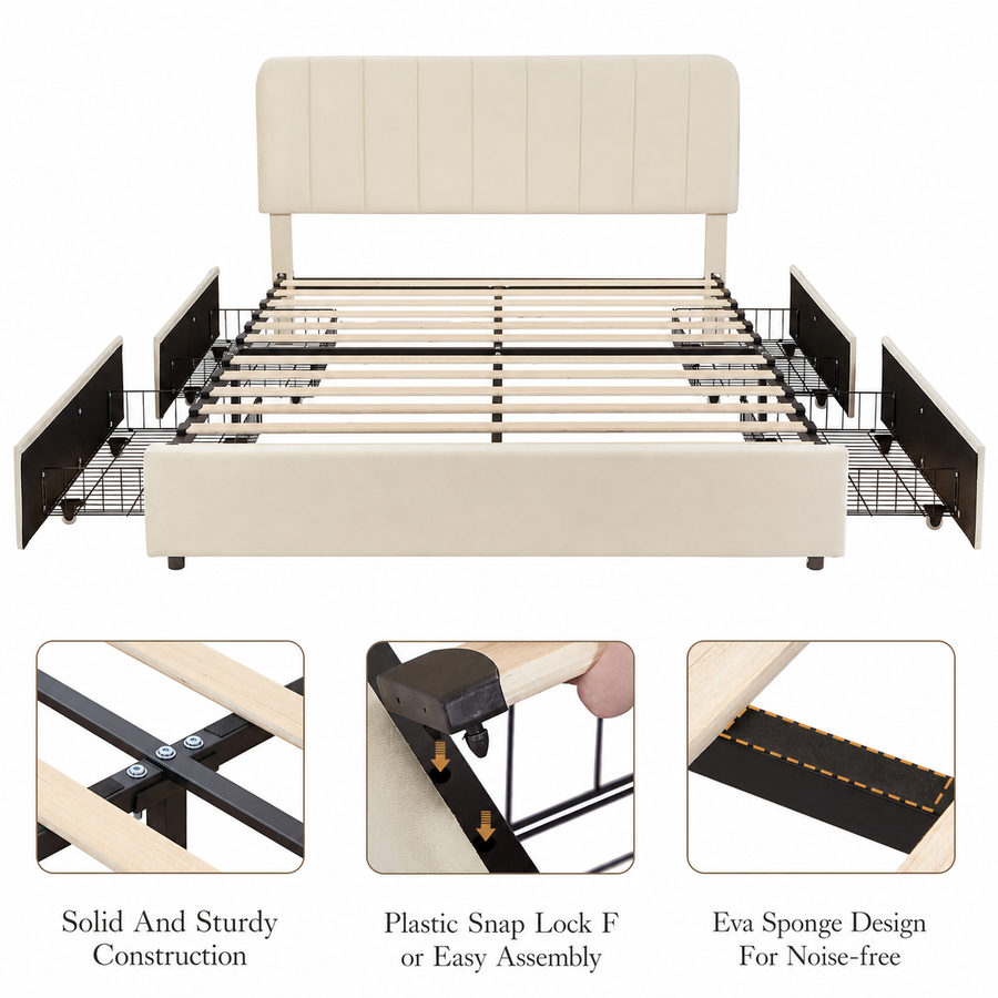 Open storage system | Full bed frame with four wire drawers, slats and assembly details