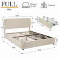 Full dimensions | Beige velvet storage bed with measurements and 800 lb capacity