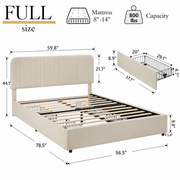 Full dimensions | Beige velvet storage bed with measurements and 800 lb capacity