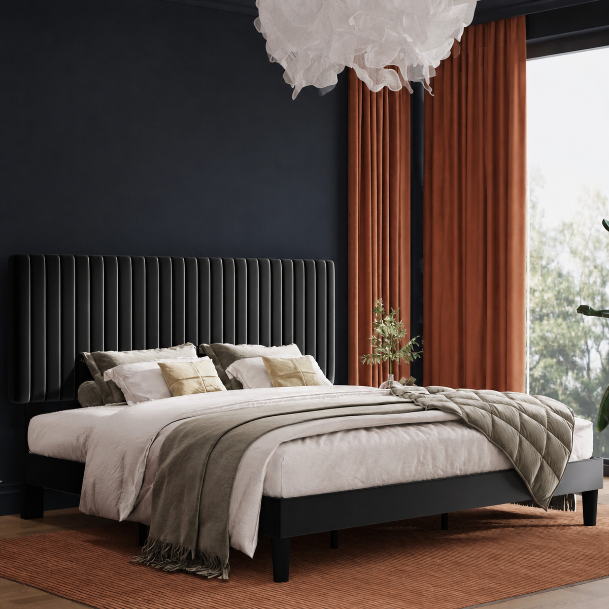 Grevane Moidart Upholstered Platform Bed with Adjustable Headboard styled in a bedroom
