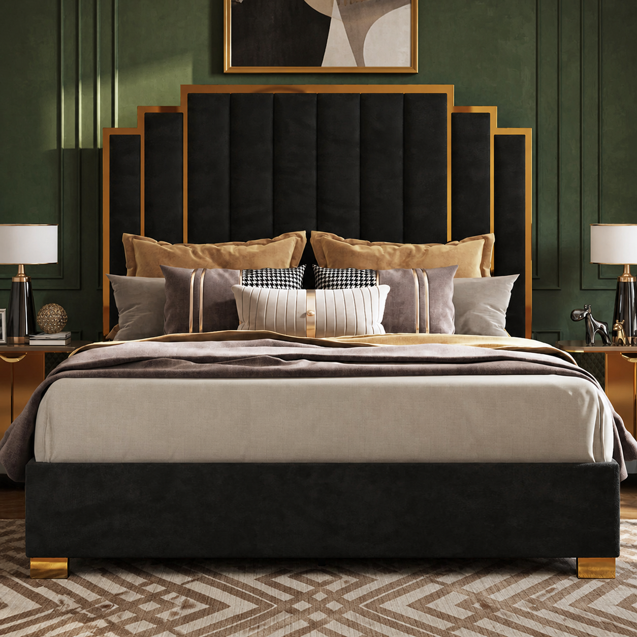 Mineral green bedroom | Black velvet stepped platform bed with gold trim