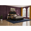 Aubergine bedroom | Black velvet stepped platform bed with saffron window textiles