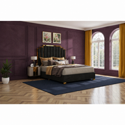 Aubergine bedroom | Black velvet stepped platform bed with saffron window textiles