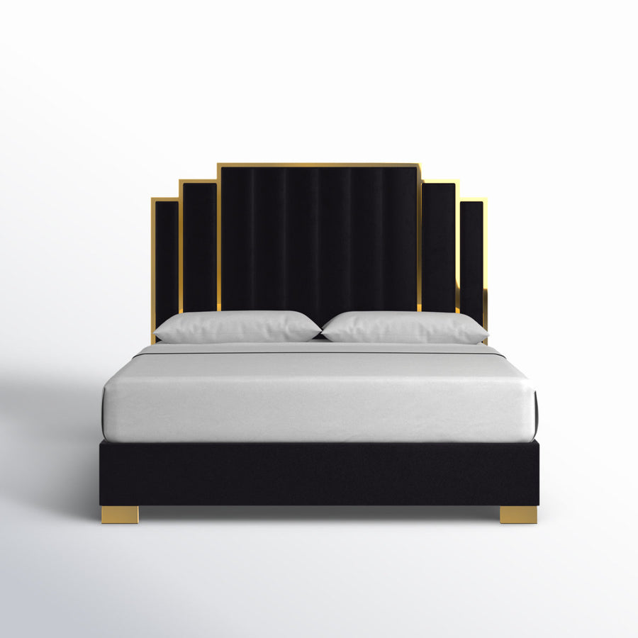 Studio front | Black velvet stepped platform bed with tiered gold trim