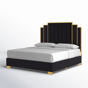 Studio angle | Black velvet stepped platform bed from the right