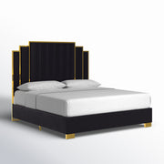 Studio angle | Black velvet stepped platform bed from the left
