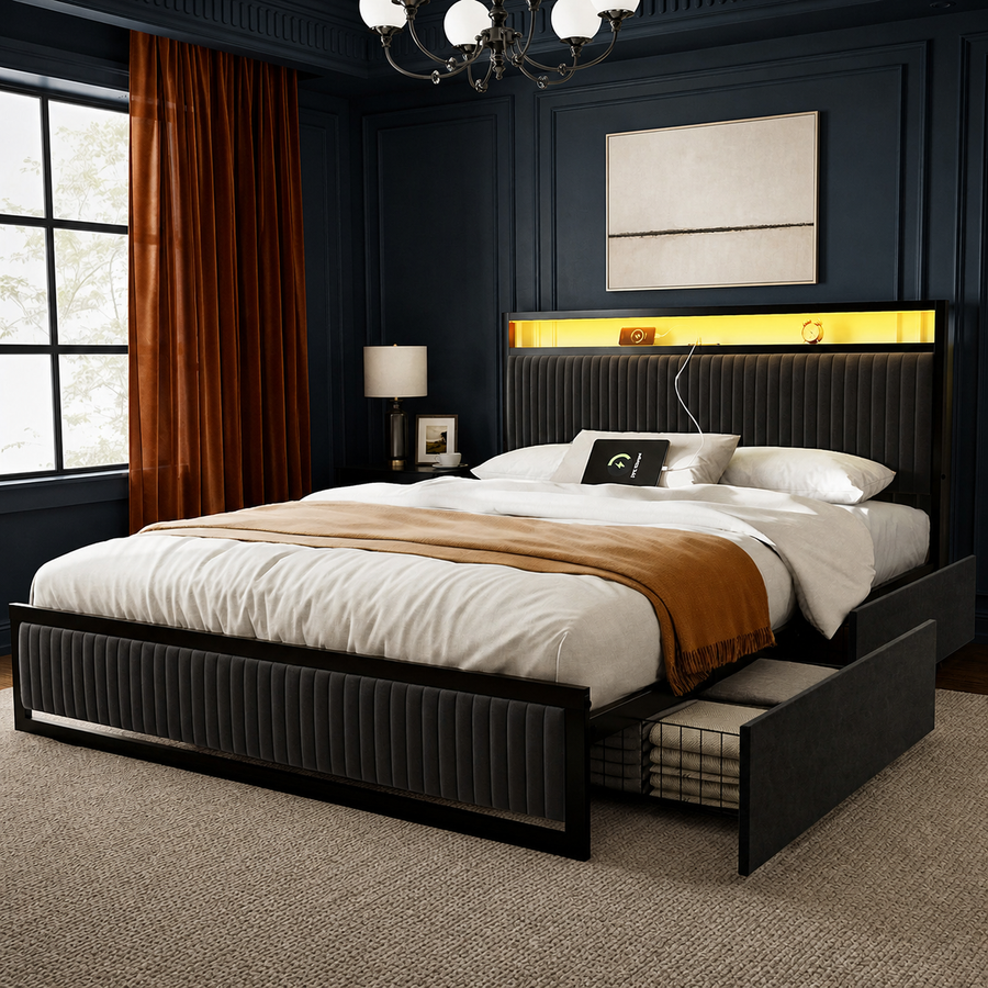Midnight-blue bedroom | Black velvet LED platform bed with one rolling drawer open