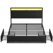 Studio front | Black velvet LED drawer platform bed with both rolling drawers open