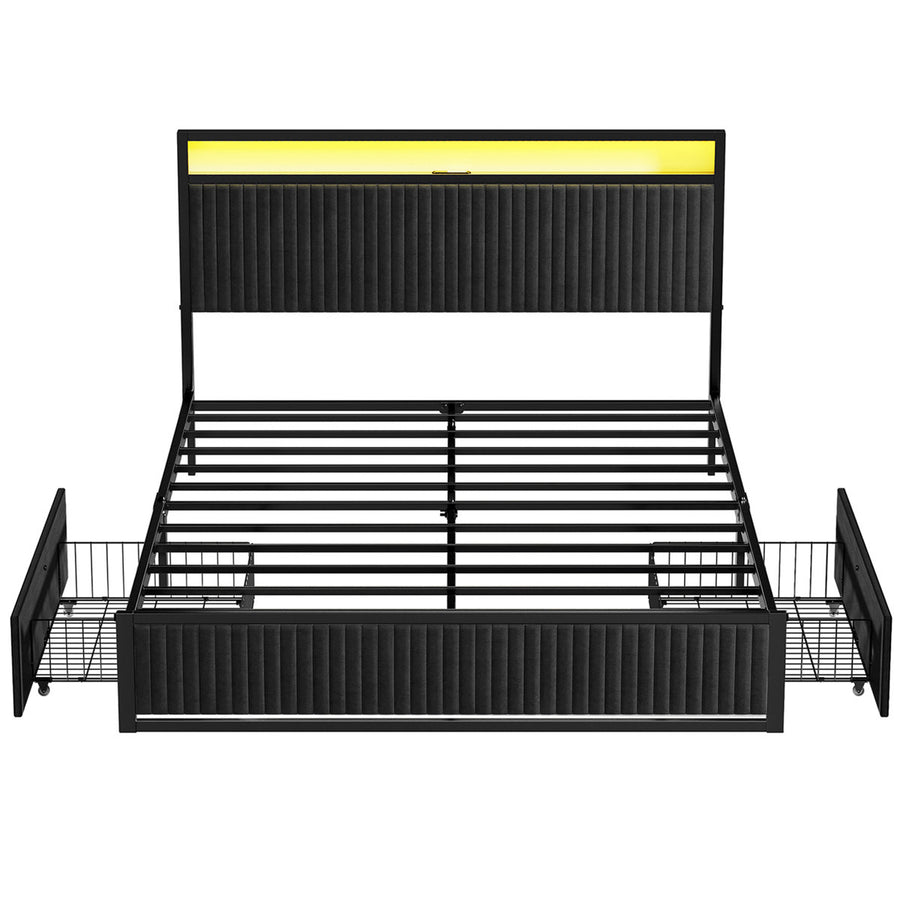 Studio front | Black velvet LED drawer platform bed with both rolling drawers open