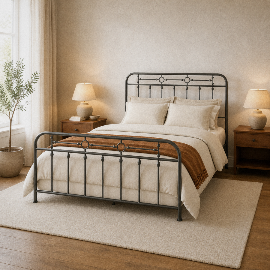 Room angle | Three-quarter bedroom view showing the rounded rails, vertical bars, and circular accents