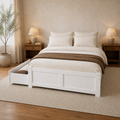 Angle | Three-quarter view of the white bed with one underbed drawer open