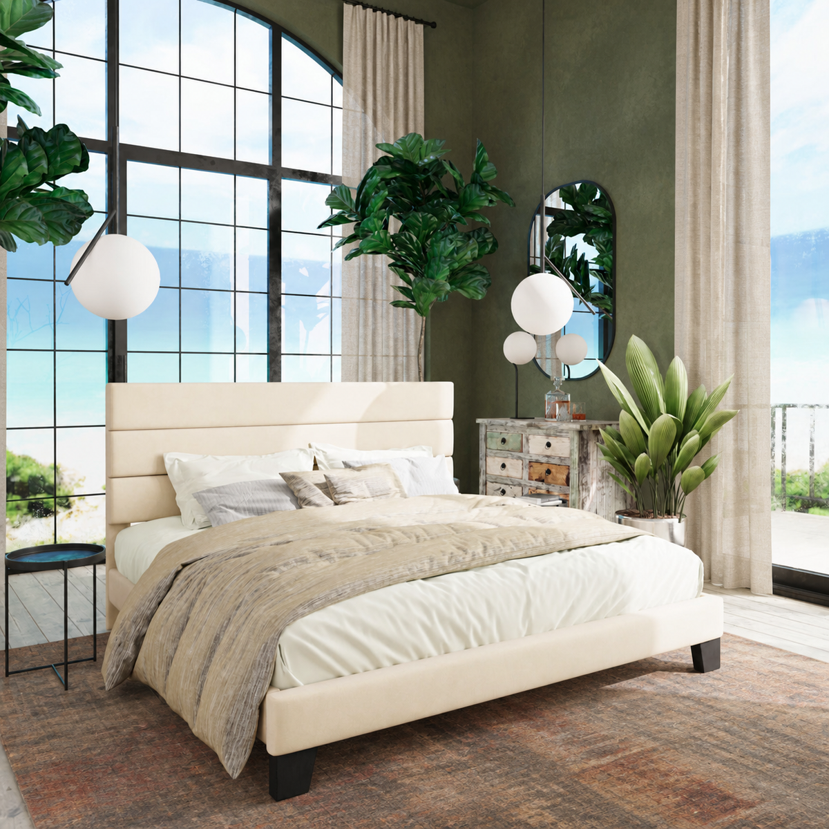 Olive bedroom | Cream upholstered platform bed with a three-panel headboard and dark feet
