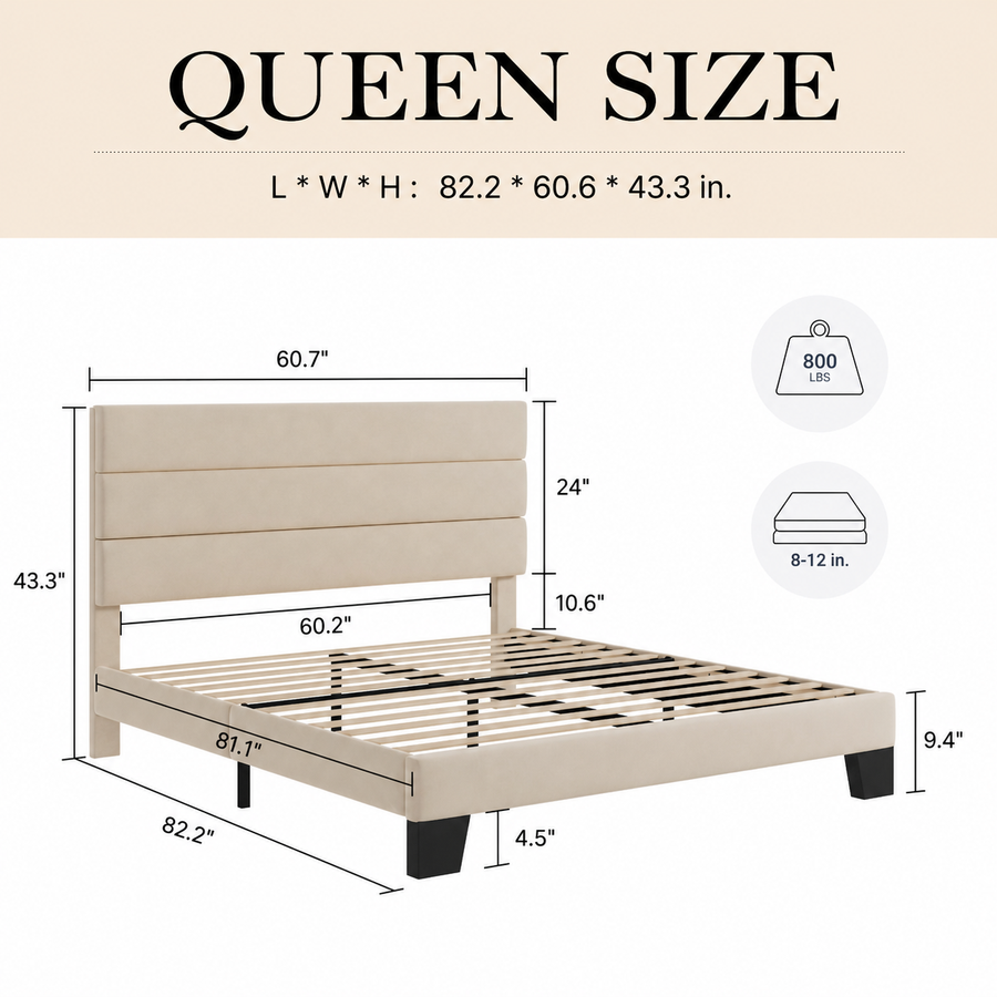 Dimensions | Queen cream platform bed with overall measurements, clearance and capacity
