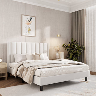 Upholstered Bed, King, Velvet Striped Headboard, White