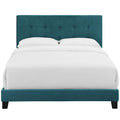 Grevane Scarp tufted platform bed in Sea Blue, straight-on studio view