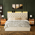 Straight-on room | Beige tufted storage bed set against deep forest-green walls