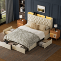 Open storage view | Beige tufted bed set with four drawers open in a slate-blue bedroom