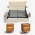 Complete set | Beige tufted storage bed frame with four drawers, slats and two natural-wood nightstands