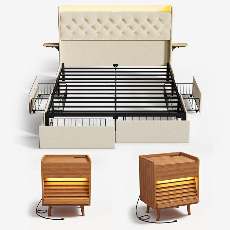 Complete set | Beige tufted storage bed frame with four drawers, slats and two natural-wood nightstands