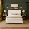 Grevane Sunart Low Profile Wingback Bed | front view in a deep forest shiplap room