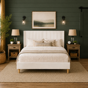 Grevane Sunart Low Profile Wingback Bed | front view in a deep forest shiplap room