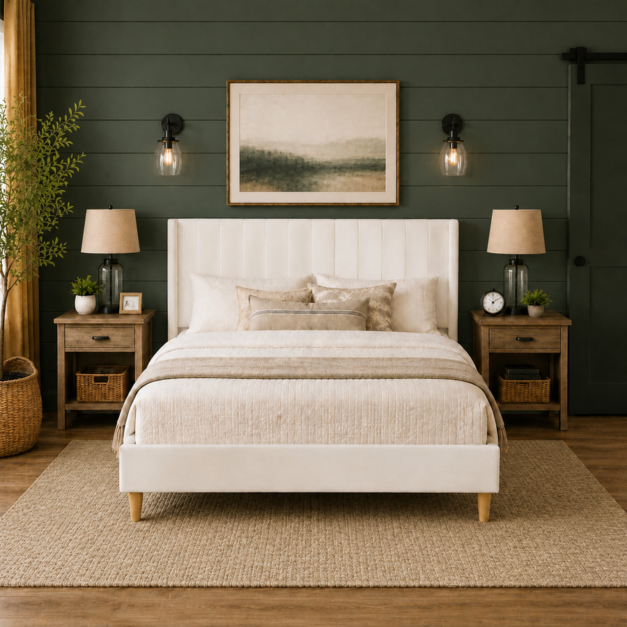Grevane Sunart Low Profile Wingback Bed | front view in a deep forest shiplap room