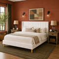 Grevane Sunart Low Profile Wingback Bed | three-quarter view in a burnt terracotta shiplap room