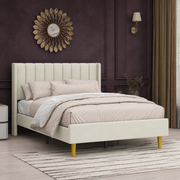 Grevane Sunart Low Profile Wingback Bed | three-quarter view in a deep aubergine panelled room