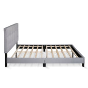 Side | Full Glacier gray bed frame and wood slat system on a white background