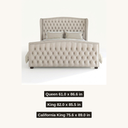 Size dimensions | cream velvet wingback bed with Queen, King and California King dimensions