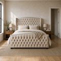 In scale | cream velvet wingback bed beside a fully visible interior doorway