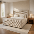 Warm ivory bedroom angle | cream velvet wingback bed with walnut nightstands
