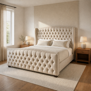 Warm ivory bedroom angle | cream velvet wingback bed with walnut nightstands